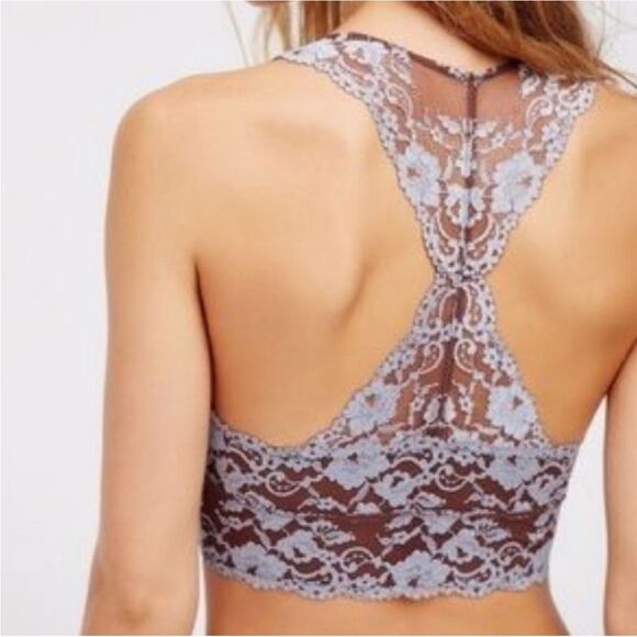Free People Wild Roses Racerback Lace Bralette in Mocha Blue Size medium - Picture 2 of 13